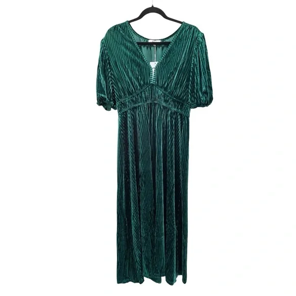 SISSYAKI Emerald Green Velvet Formal Maxi Dress V Neck Short Puff Sleeve XL - Picture 5 of 9